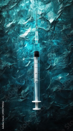 Surreal and conceptual image of a large syringe floating in a deep turquoise almost iridescent backdrop depicting the themes of medical treatment healthcare and emergency situations