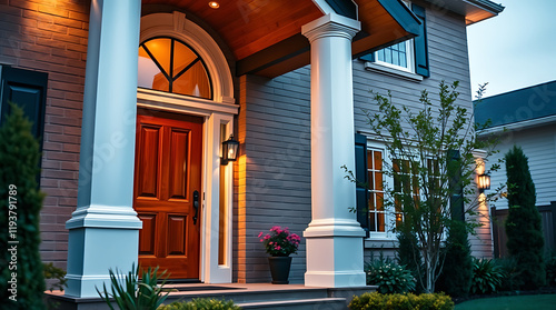 Luxury Home Exterior at Dusk: Elegant Brick House with Columns and Warm Lighting photo