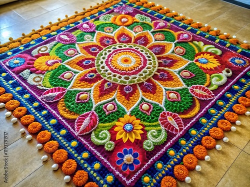 Vibrant Indian Rangoli Pattern in Square Frame, Traditional Festive Design, Detailed Close-up