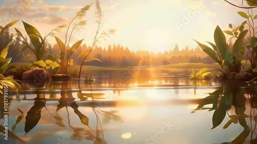 A tranquil depiction of a serene water reflection during the golden hour, showcasing the beauty of nature in an earthy color palette
