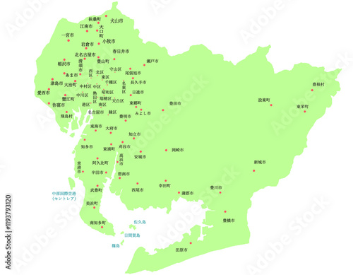 愛知県　地図　黄緑　斑点　イラスト