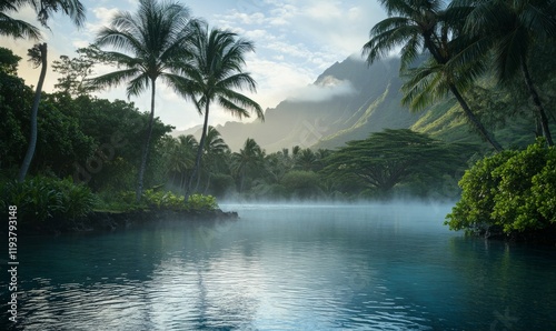 A serene lagoon's edge is softened by a gentle layer of mist at dawn creating an otherworldly ambiance amidst the lush surroundings, morning, scenery, mist