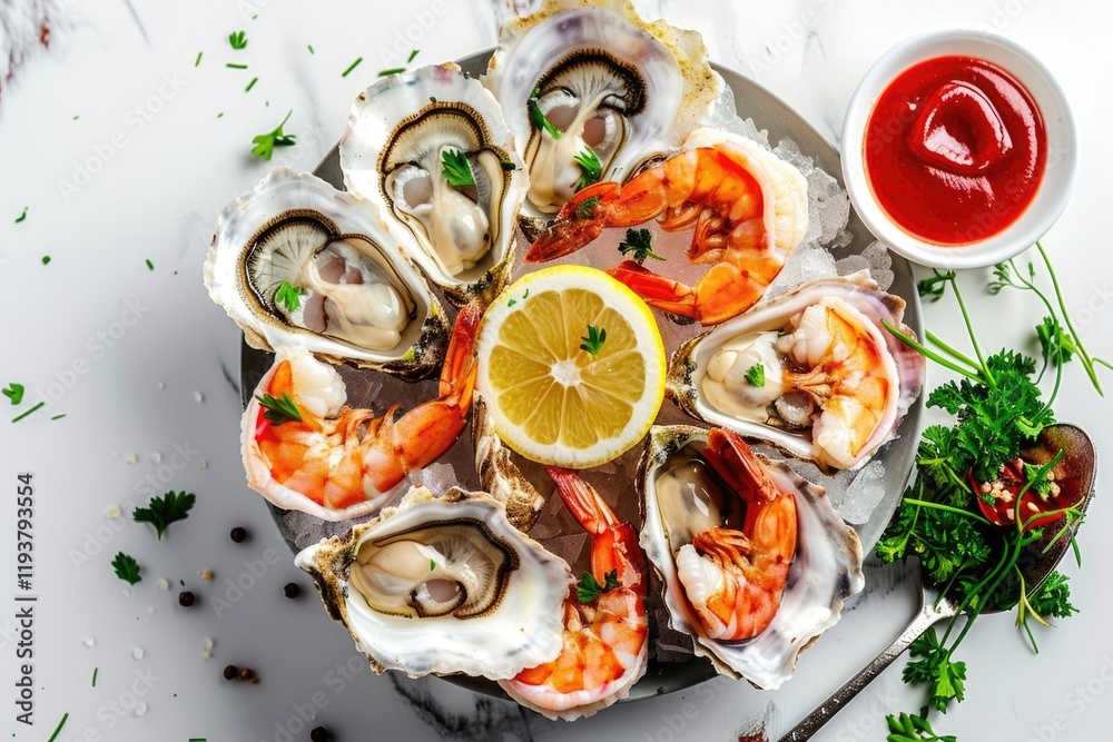 Exquisite seafood platter with lemon and wine in restaurant. Exquisite seafood platter with lemon and wine in restaurant.