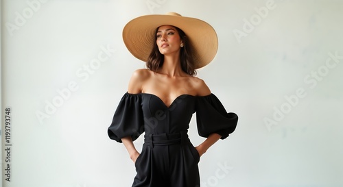 Stylish woman poses outdoors in black jumpsuit, big straw hat. Elegant, glamorous high fashion model. Urban setting. Fashionable summer outfit. Travel concept. Focus on style, elegance. Perfect for