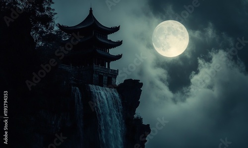 A Silhouetted Pagoda on a Cliffside with Moonlight and Waterfalls