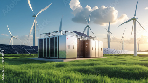 Modern battery energy storage system with wind turbines and solar in grass fields