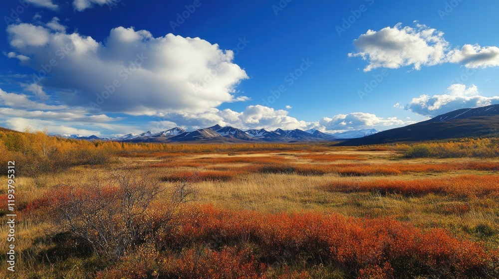Autumnal Landscape in the Alaskan Mountains: A Breathtaking Panorama of Golden and Crimson Hues Under a Vivid Blue Sky Autumnal Landscape in the Alaskan Mountains: A Breathtaking Panorama of Golden and Crimson Hues Under a Vivid Blue Sky
