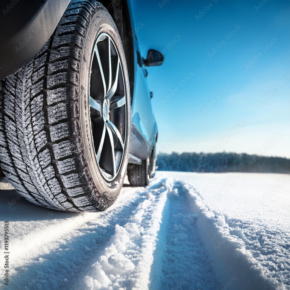Close up of winter tire at snow. Winter. Shallow depth of field. Close up of winter tire at snow. Winter. Shallow depth of field.