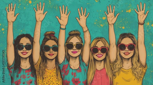 A group of diverse women from different cultural backgrounds raising their hands in solidarity, celebrating International Women’s Day. 1