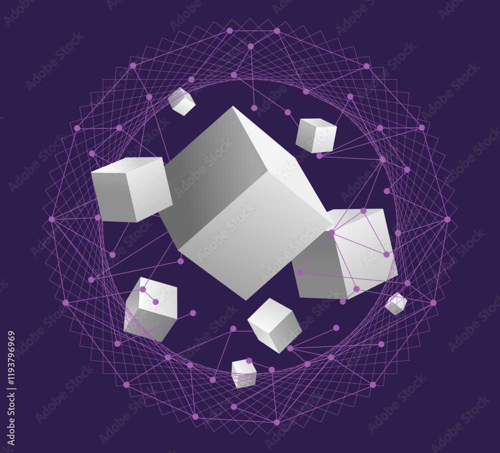 Global data integration, global data network connection, wireframe connected dots and fractals for worldwide business intelligence and AI, floating cubes floating inside a sphere, problem framing