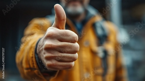 A close-up of a worker’s hands giving a thumbs-up after completing a job well done, symbolizing accomplishment and pride in their work. 296