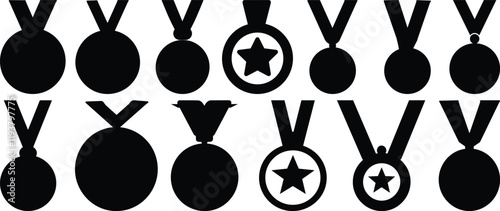 Medal silhouettes set, award pack of vector silhouette design, isolated background