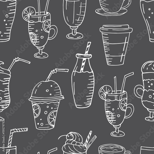 Seamless vector pattern with hand drawn drinks. black and white sketch on a chalkboard background