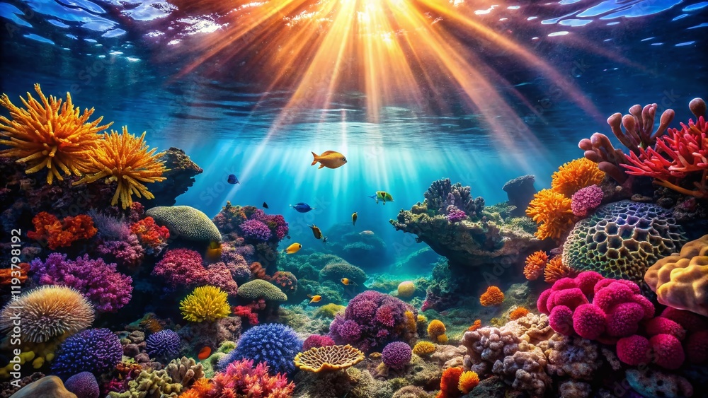 Fototapeta premium Vibrant Underwater Coral Reef Scene with Sunbeams - Stock Photo