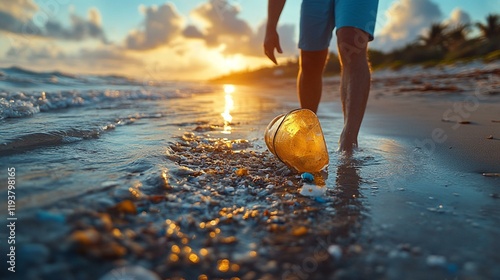 A volunteer picking up litter along a beach, emphasizing the fight against pollution and the importance of keeping our oceans clean. 425