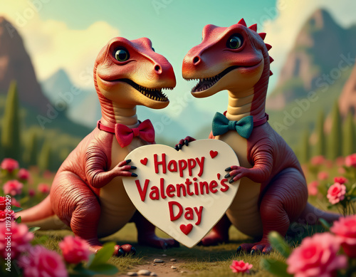 Two cute, cartoon-style red dinosaurs, wearing bow ties, holding a heart-shaped card displaying 'Happy Valentine's Day,'