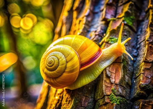 Vibrant Yellow Snail Crawling on Tree Bark - Candid Nature Photography photo