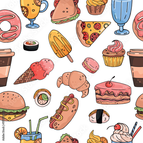 Seamless vector pattern with hand drawn food and drinks. color sketch on white background