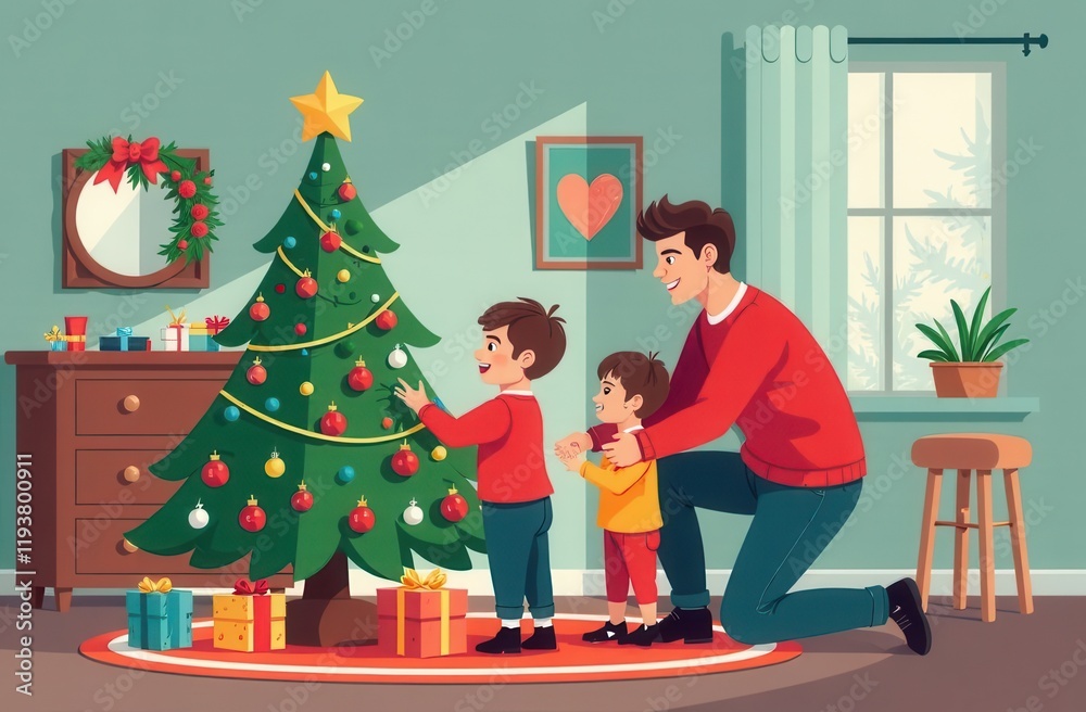 Family decorating Christmas tree with gifts around. Family decorating Christmas tree with gifts around.