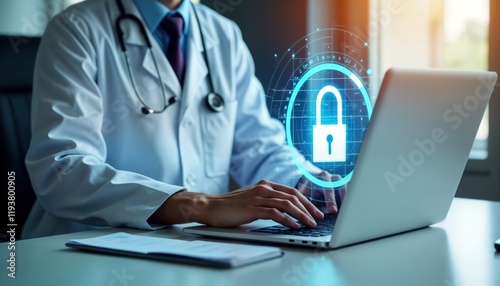 Medical pro types on laptop focused on secure login session. Doctor uses computer for secure patient data. Healthcare tech protects patient information. Digital security measure in healthcare. Access