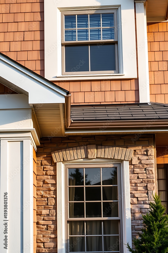 Fototapeta premium Luxury Home Exterior: Brick and Wood Design. Modern Architecture, Elegant Facade, and High-End Residential Property. Stunning Autumn Sunlight