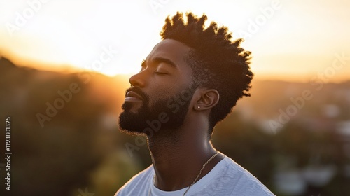 Young african male relaxes outdoors at sunset