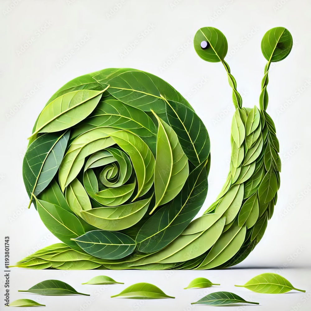 Obraz premium Snail made of leaves, flat animal shape, decoration art arrangement, nature design, 0236