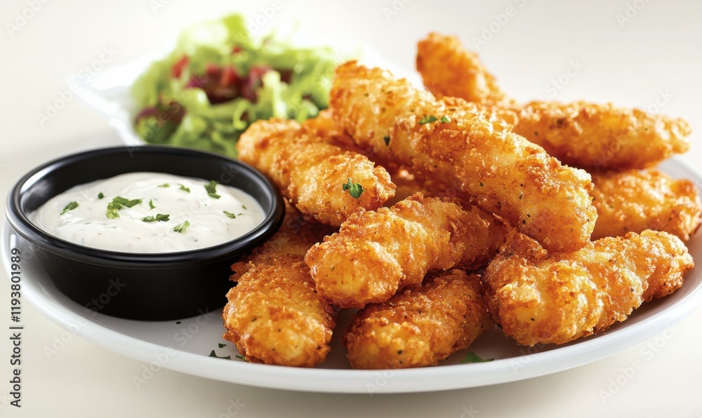 A plate of fried mozzarella sticks with a side of ranch dressing, snacks, finger food, restaurant food, crispy fried cheese sticks A plate of fried mozzarella sticks with a side of ranch dressing, snacks, finger food, restaurant food, crispy fried cheese sticks