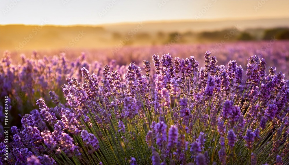 Obraz premium Sunset over a field of purple lavender flowers.