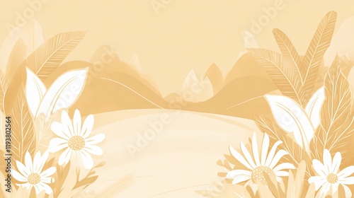 Pastel Beige Landscape with Daisies and Tropical Leaves