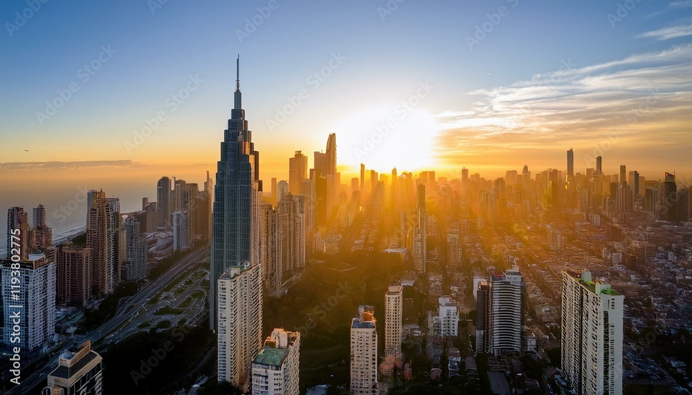 Naklejka premium Golden hour cityscape view. Breathtaking sunset over a modern city skyline.
