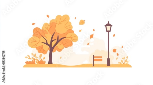 Autumn park scene, gentle breeze, fallen leaves, tranquility photo