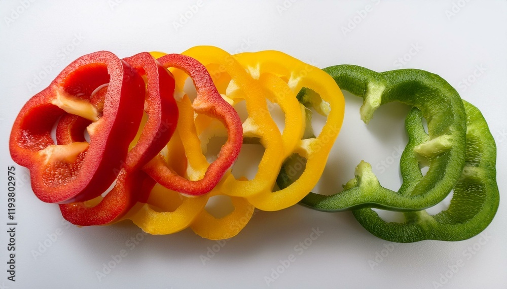 Vibrant sliced bell peppers in red, yellow, and green. Vibrant sliced bell peppers in red, yellow, and green.