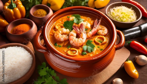 Spicy seafood stew in a rustic pot, garnished with cilantro. photo