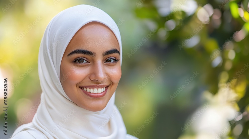 A woman wearing a white hijab is smiling and looking at the camera A woman wearing a white hijab is smiling and looking at the camera