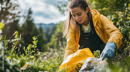 Young woman eco volunteer removes garbage on the river bank. Cleanse nature from pollution photo