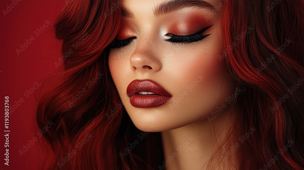 Woman with long wavy jet red hair, closed eyes, full mink lashes, and glam makeup Woman with long wavy jet red hair, closed eyes, full mink lashes, and glam makeup