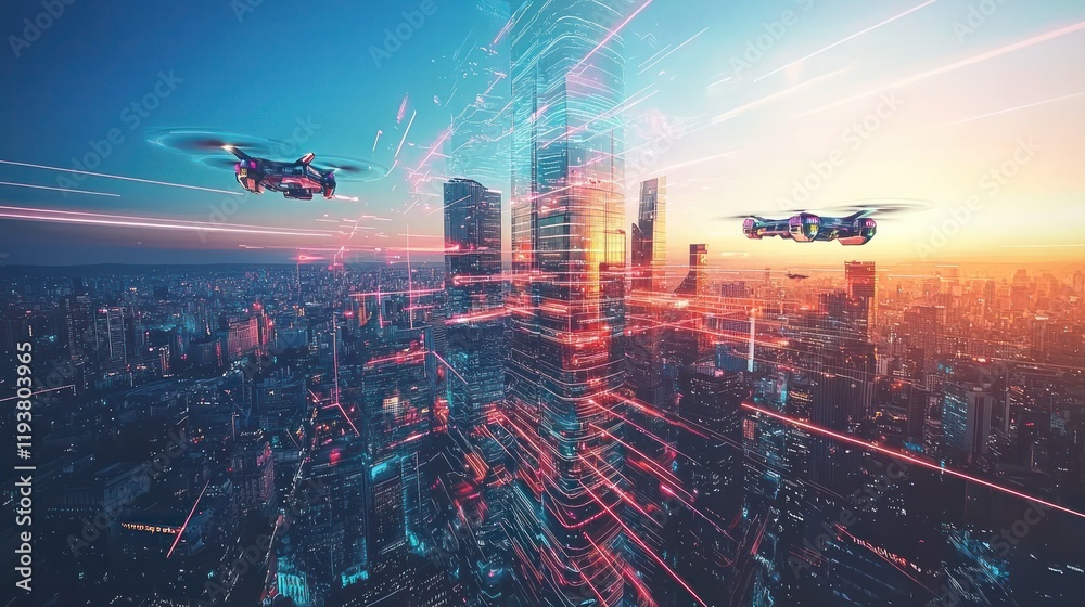 Futuristic cityscape with two drones flying at sunset, showcasing technological advancements and urban development. Futuristic cityscape with two drones flying at sunset, showcasing technological advancements and urban development.
