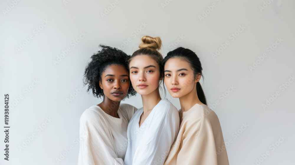 Multi-Ethnic Group of three women with different types of skin together against a white background. Diverse ethnicity women - Caucasian, African and Asian Multi-Ethnic Group of three women with different types of skin together against a white background. Diverse ethnicity women - Caucasian, African and Asian