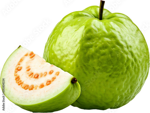 A halved section revealing the seeds fresh Guava PNG transparent background2 photo