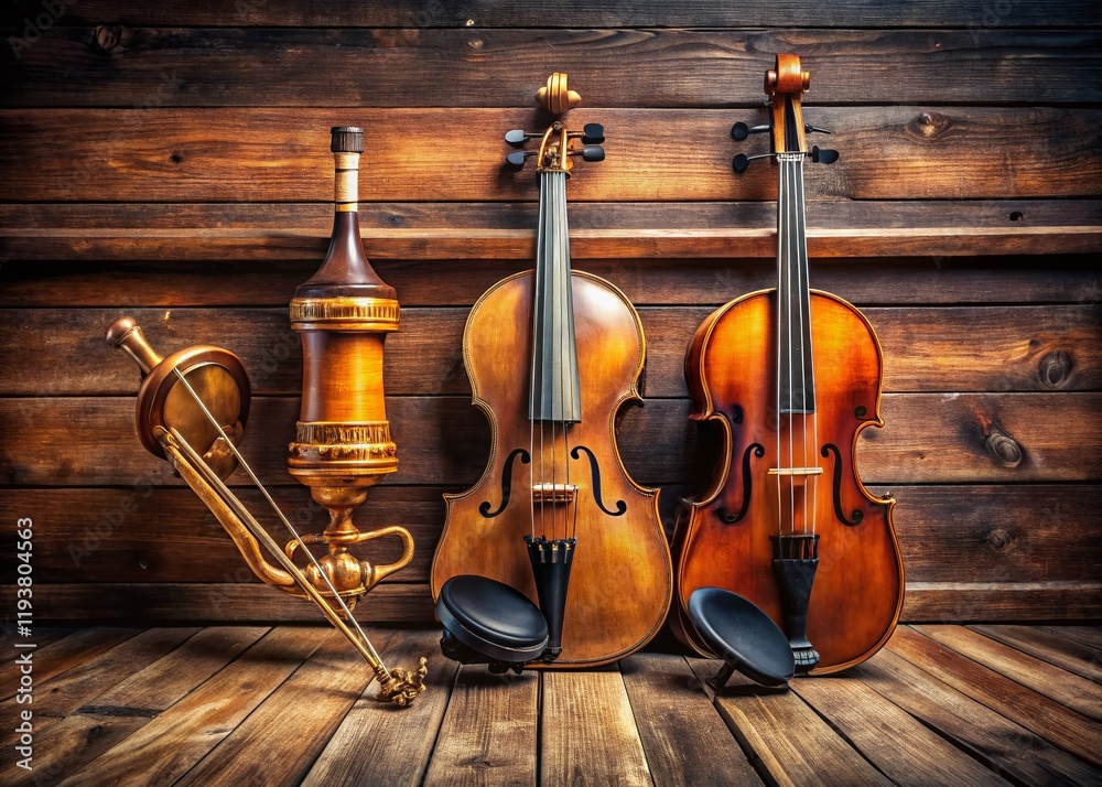 Fototapeta premium Vintage Instruments: Violins, Trumpet & Piano on Wooden Floor