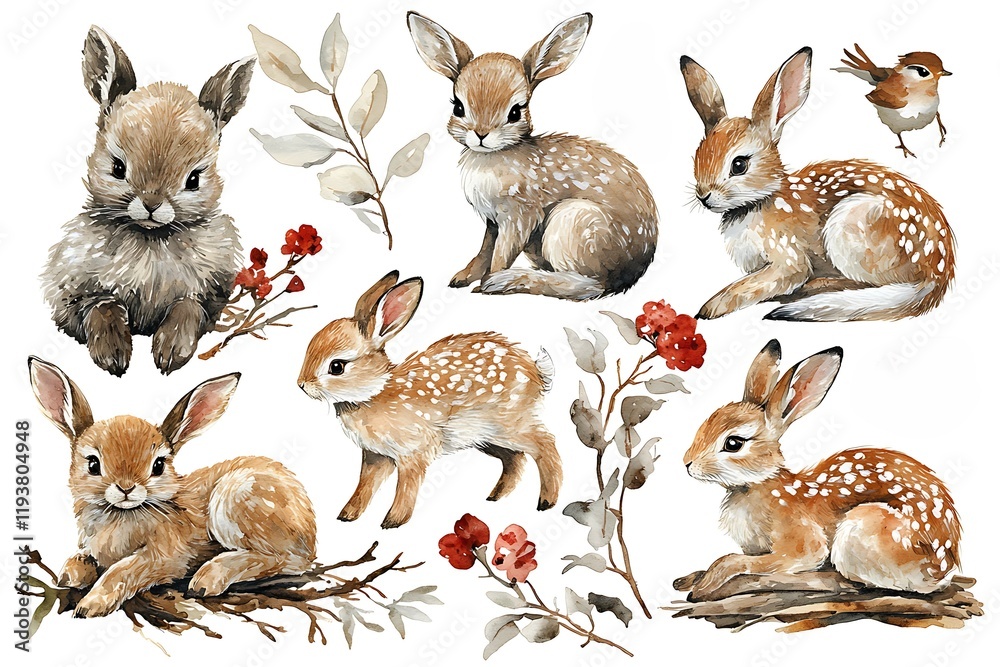 Fototapeta premium Adorable watercolor bunnies and birds nestled amongst winter branches and berries.