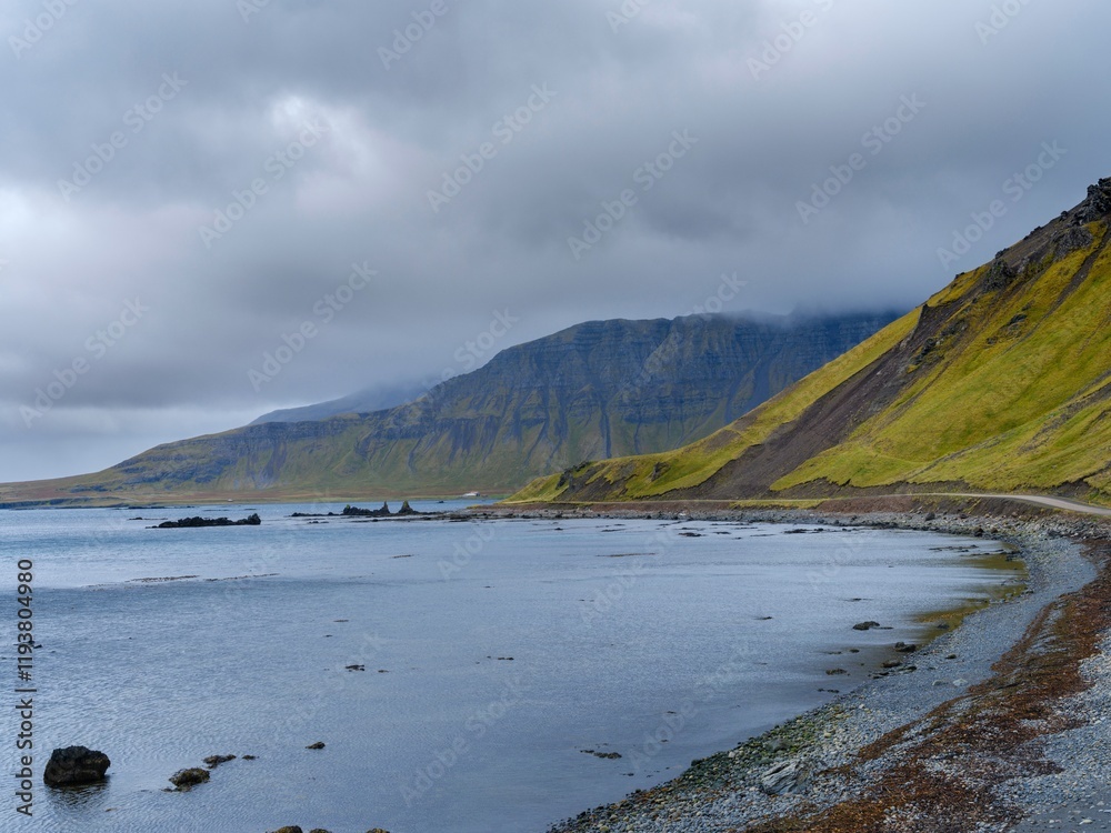 The farms Melar. Landscape in the Arneshreppur at bay Trekyllisvik. The Strandir in the Westfjords (Vestfirdir) in Iceland during autumn. The farms Melar. Landscape in the Arneshreppur at bay Trekyllisvik. The Strandir in the Westfjords (Vestfirdir) in Iceland during autumn.