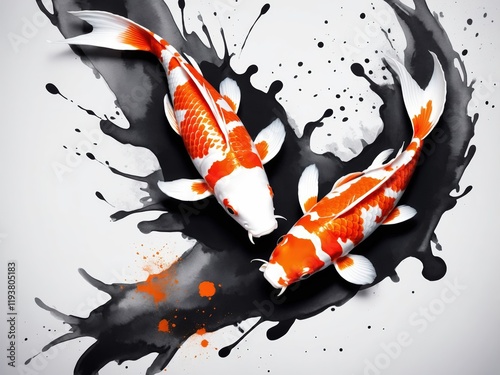 Wallpaper Mural Koi Fishes Swimming with Dynamic Ink Splashes Illustration Torontodigital.ca