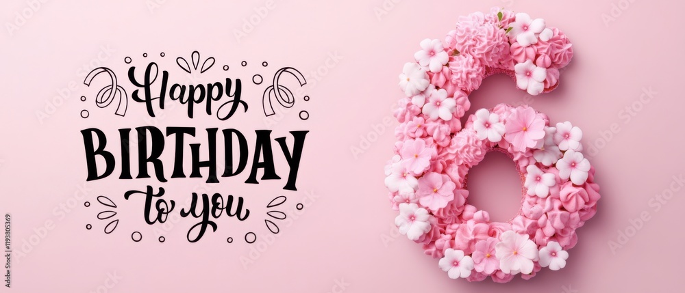 Naklejka premium Happy 6th Birthday Floral Cake Number Six Pink Background