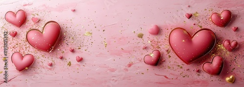 Pink heart background with love symbols and golden accents for Valentine's Day