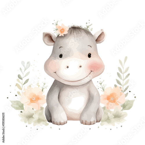 Watercolor clipart cute hippo baby flowers fairy hand-drawn with floral flowers isolated on white background