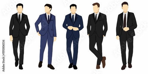 Vector illustration depicting five men dressed in formal business suits, showcasing professional appearances and styles, 
