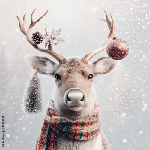 Reindeer with Tartan Scarf and Christmas Ornament. photo