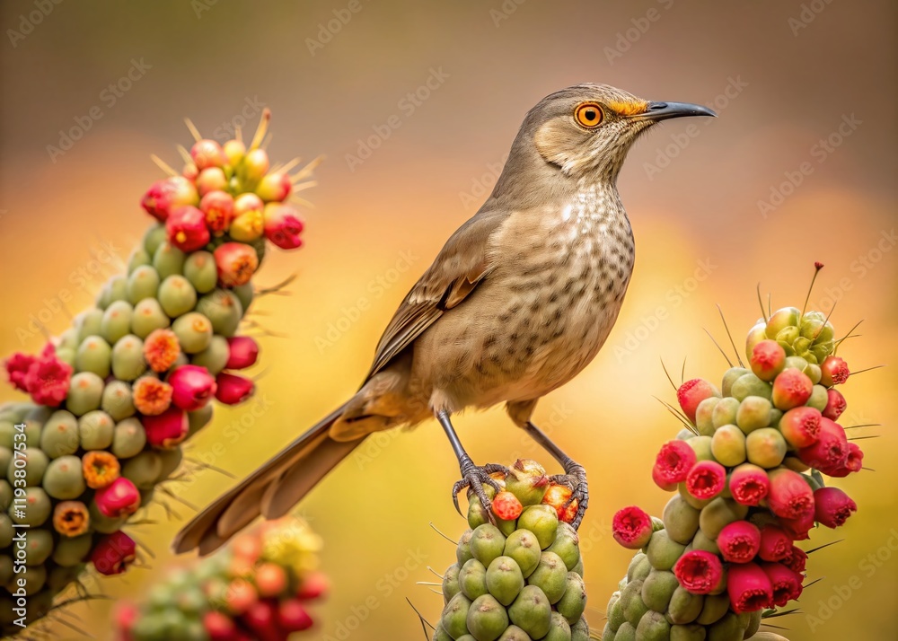 Fototapeta premium Vintage Photo: Bendire's Thrasher on Blooming Arizona Cactus